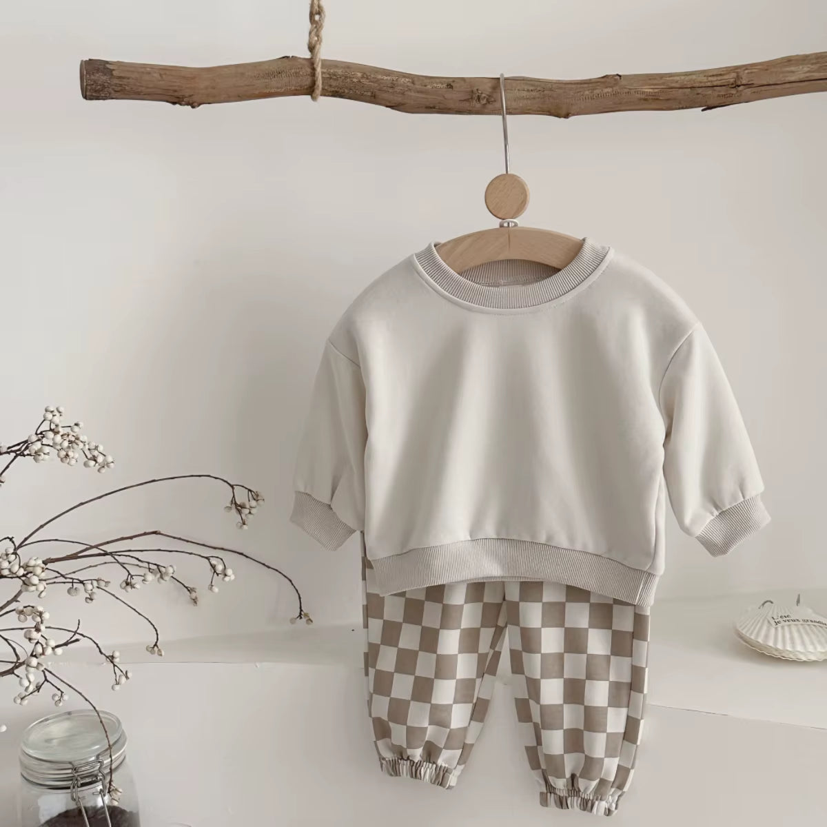 Ensemble Bébé Fille & Garçon Automne : Haut Uni Manches Longues et Pantalon Damier