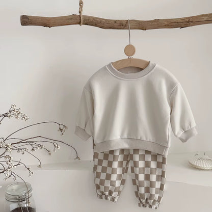 Ensemble Bébé Fille & Garçon Automne : Haut Uni Manches Longues et Pantalon Damier