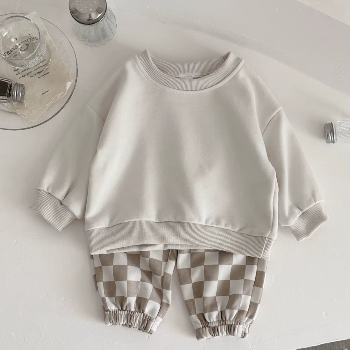 Ensemble Bébé Fille & Garçon Automne : Haut Uni Manches Longues et Pantalon Damier