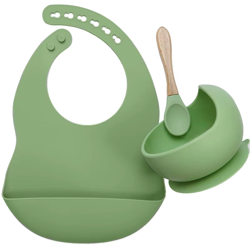 Kit Repas Anti-Renversement : Bol Ventouse Fixe et Bavoir Récupérateur en Silicone (Sans BPA)