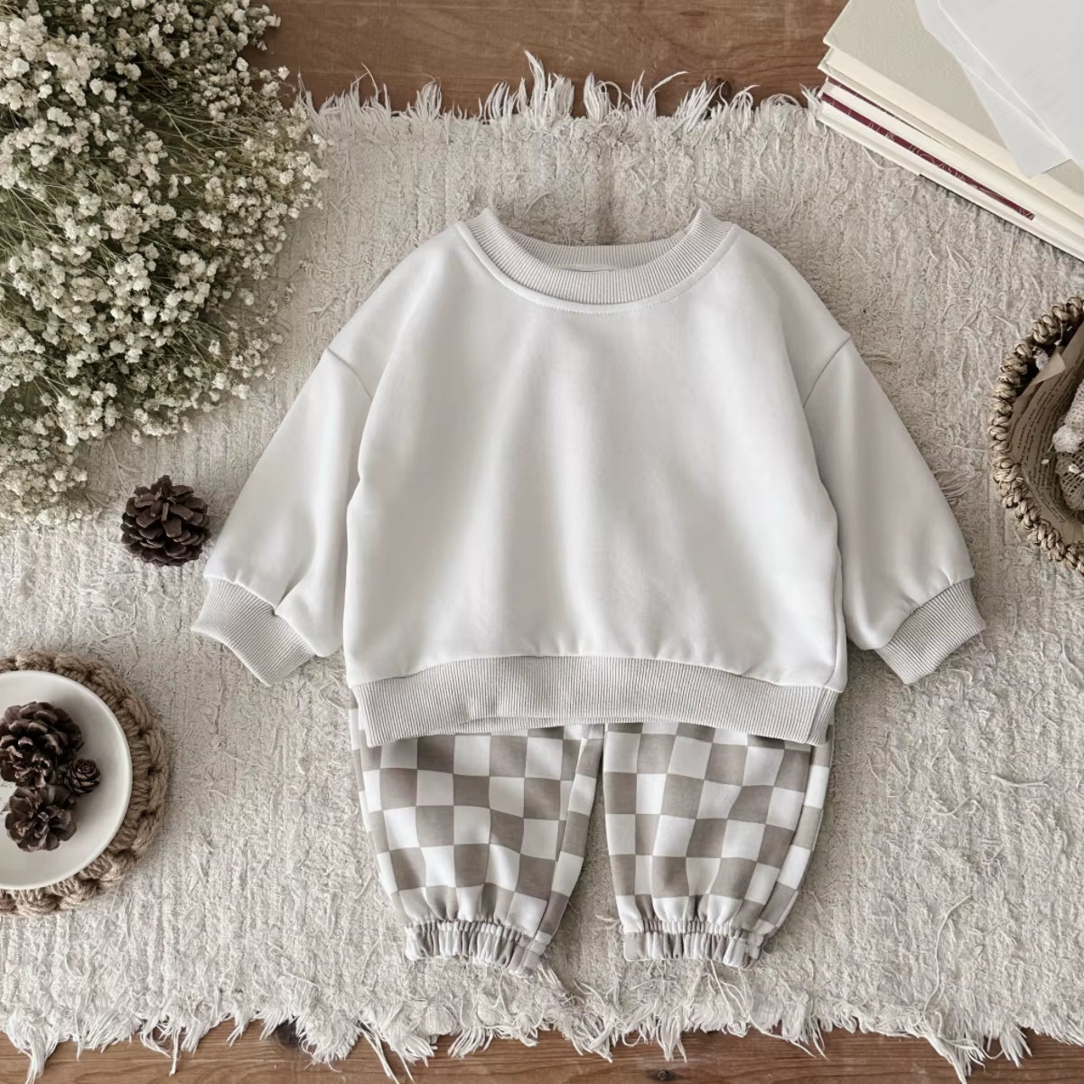 Ensemble Bébé Fille & Garçon Automne : Haut Uni Manches Longues et Pantalon Damier