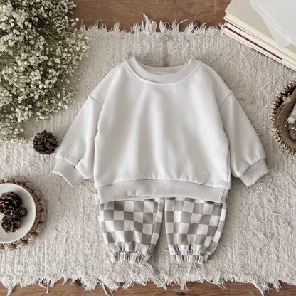 Ensemble Bébé Fille & Garçon Automne : Haut Uni Manches Longues et Pantalon Damier