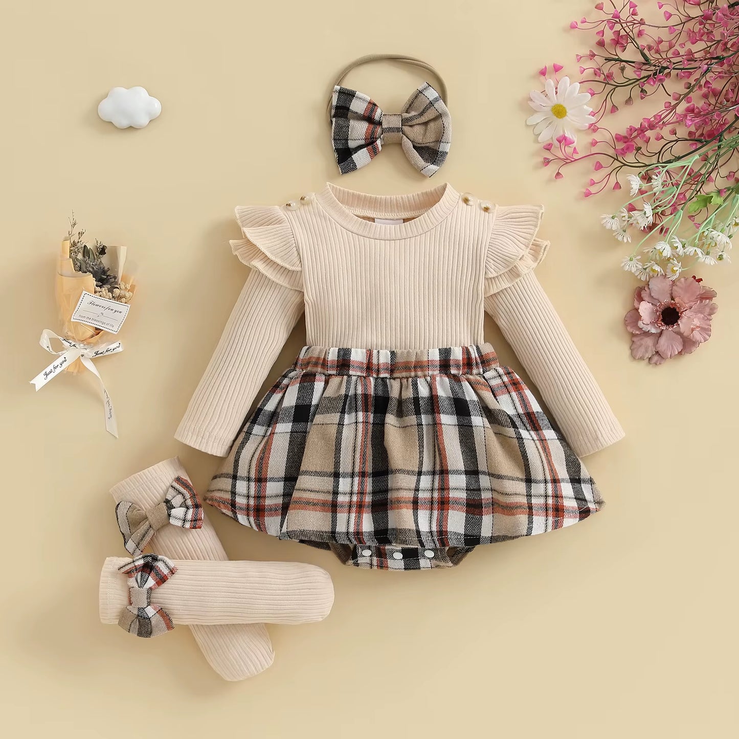 Le Kit d'Automne Complet : Robe-Body à Carreaux + Bandeau & Chaussettes
