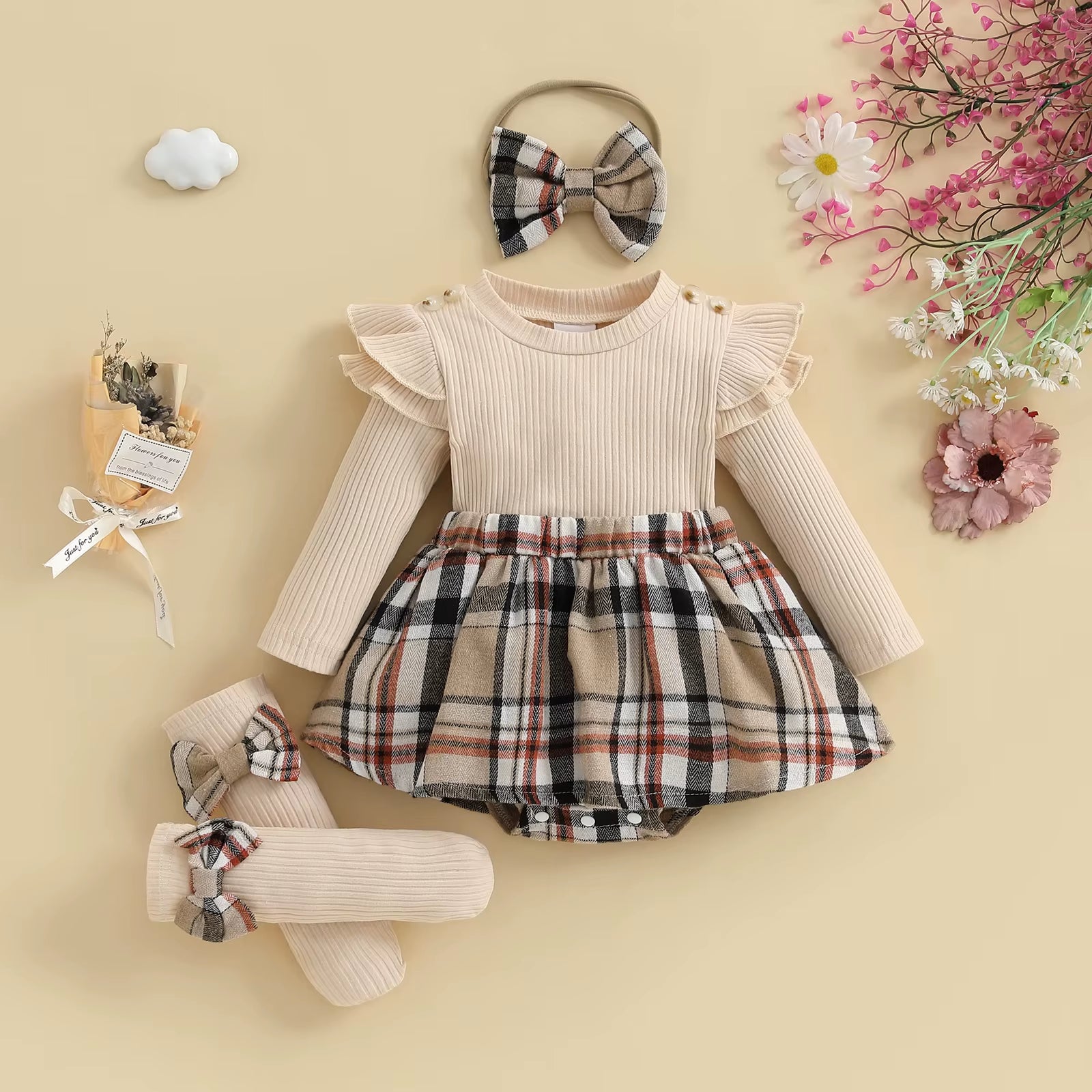 Le Kit d'Automne Complet : Robe-Body à Carreaux + Bandeau & Chaussettes