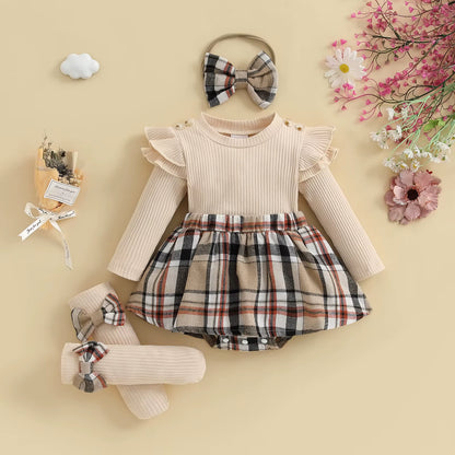 Le Kit d'Automne Complet : Robe-Body à Carreaux + Bandeau & Chaussettes