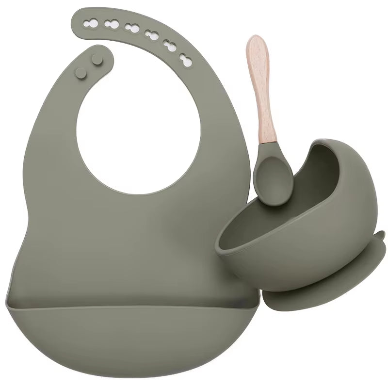 Kit Repas Anti-Renversement : Bol Ventouse Fixe et Bavoir Récupérateur en Silicone (Sans BPA)