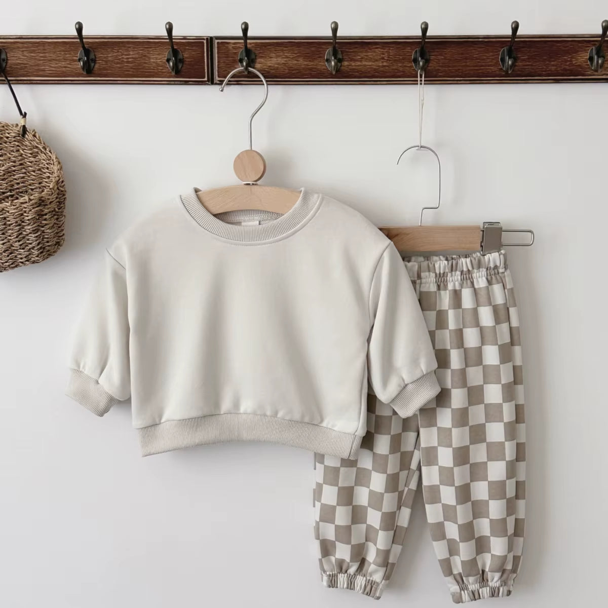 Ensemble Bébé Fille & Garçon Automne : Haut Uni Manches Longues et Pantalon Damier