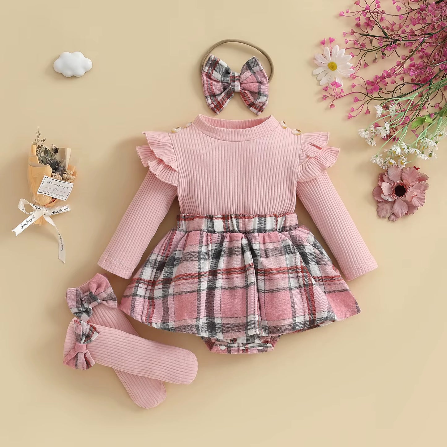 Le Kit d'Automne Complet : Robe-Body à Carreaux + Bandeau & Chaussettes