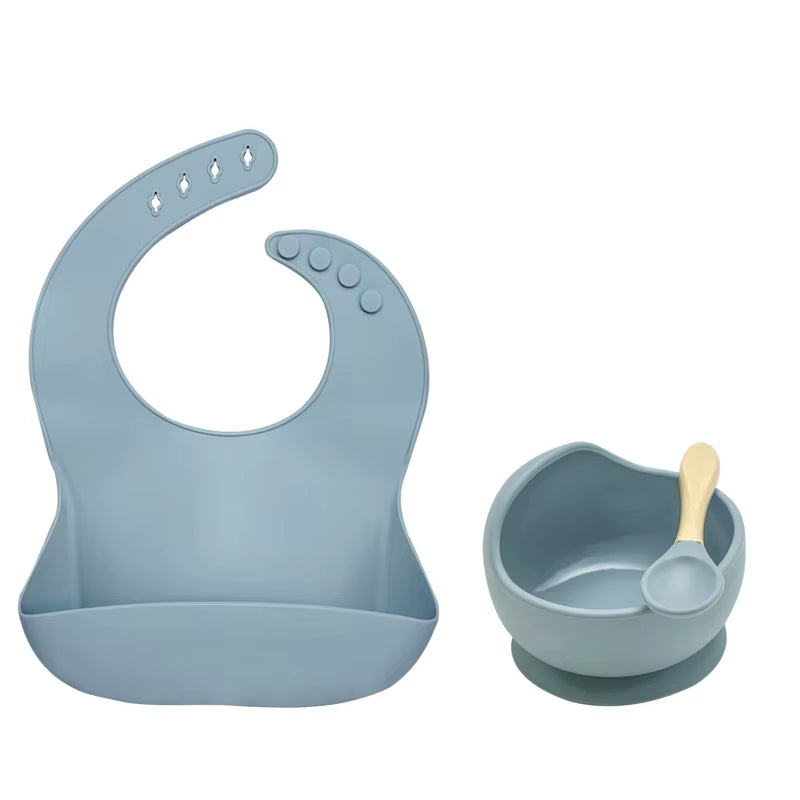 Kit Repas Anti-Renversement : Bol Ventouse Fixe et Bavoir Récupérateur en Silicone (Sans BPA)