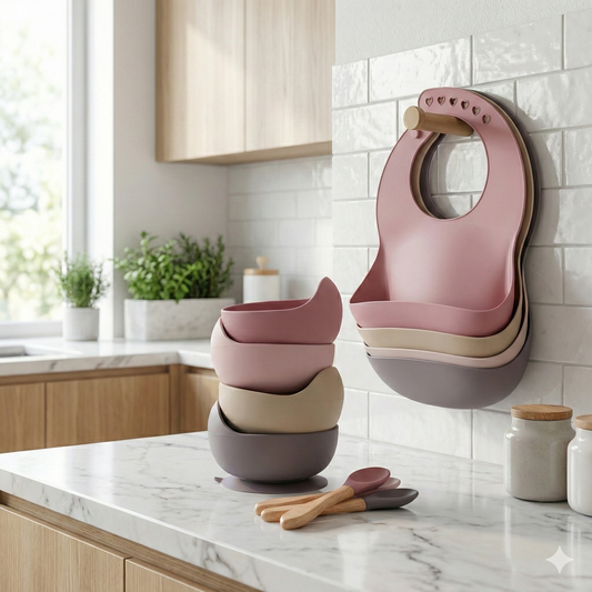 Kit Repas Anti-Renversement : Bol Ventouse Fixe et Bavoir Récupérateur en Silicone (Sans BPA)