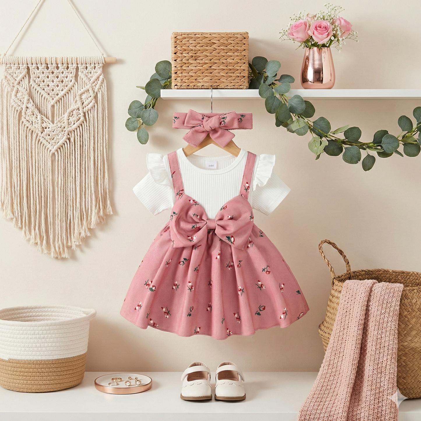 L'Ensemble "Princesse Champêtre" : Robe Fleurie à Gros Nœud + Bandeau (2 Pièces)