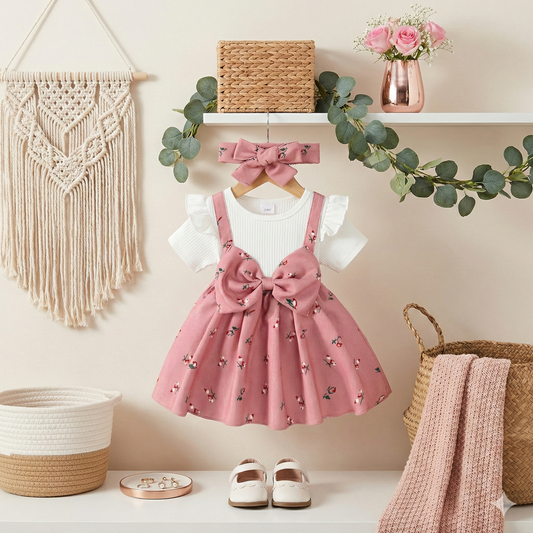 L'Ensemble "Princesse Champêtre" : Robe Fleurie à Gros Nœud + Bandeau (2 Pièces)