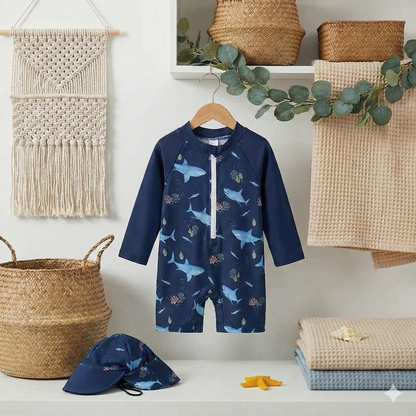 Le Petit Requin des Plages : Ensemble de Bain Manches Longues & Bob Assorti 🦈