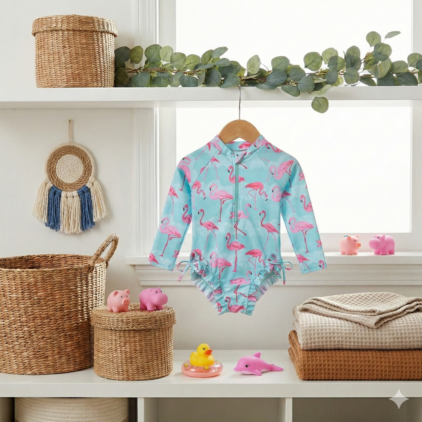 L'Été en Rose : Maillot Une Pièce Flamant Rose à Manches Longues (Fille)