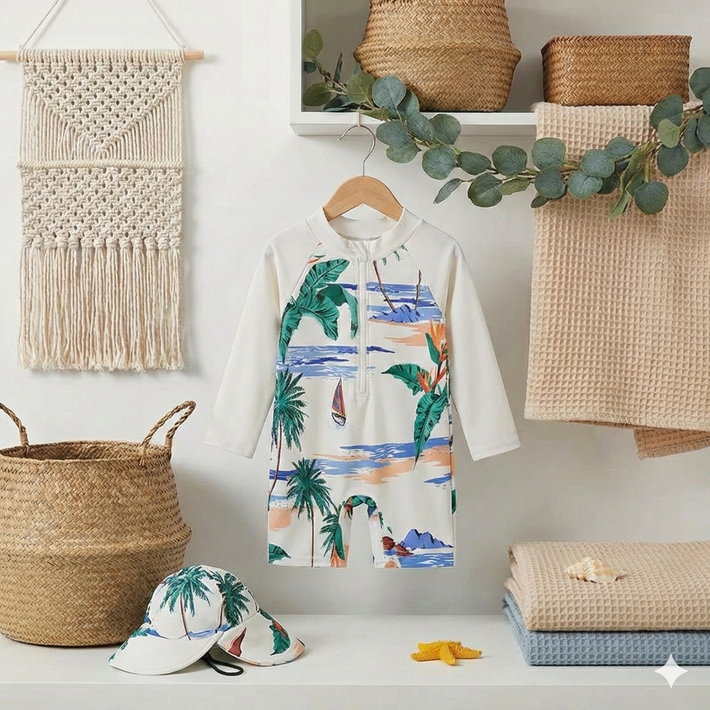 Le Petit Requin des Plages : Ensemble de Bain Manches Longues & Bob Assorti 🦈