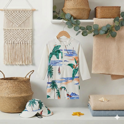 Le Petit Requin des Plages : Ensemble de Bain Manches Longues & Bob Assorti 🦈