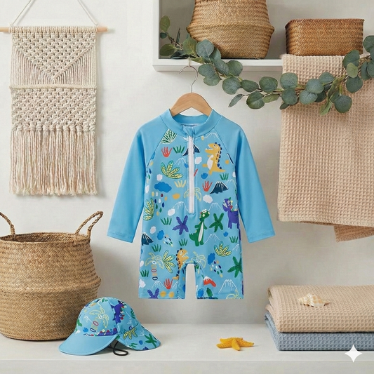 Le Petit Requin des Plages : Ensemble de Bain Manches Longues & Bob Assorti 🦈
