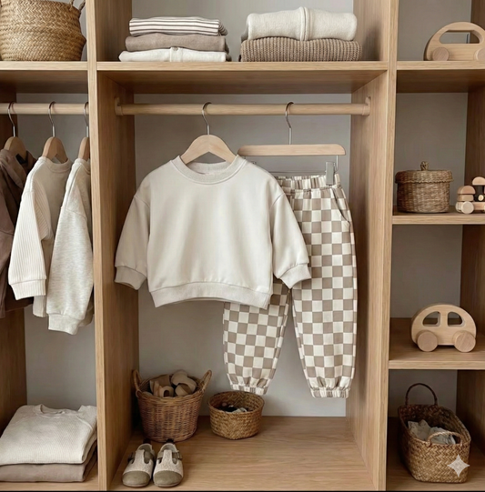 Ensemble Bébé Fille & Garçon Automne : Haut Uni Manches Longues et Pantalon Damier