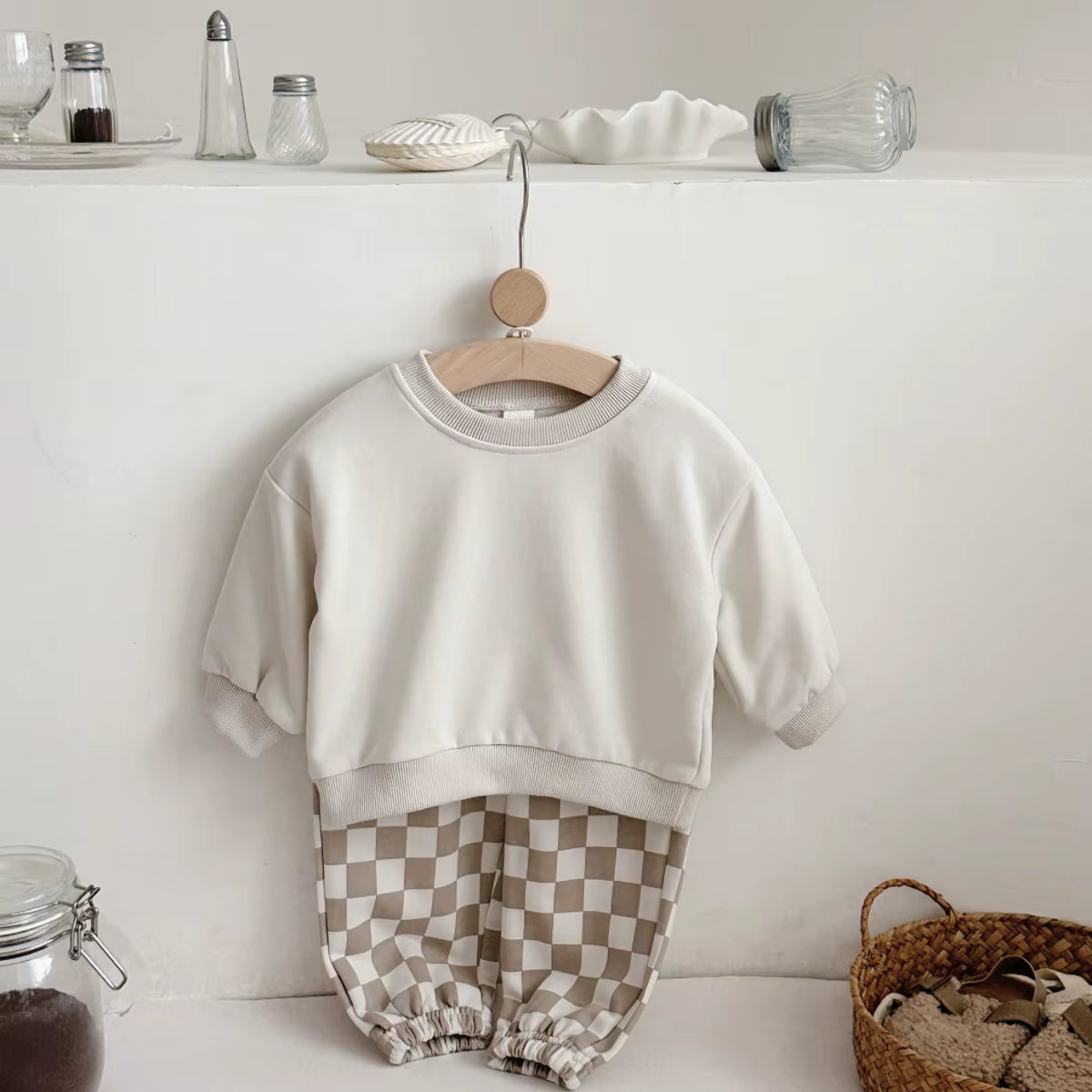 Ensemble Bébé Fille & Garçon Automne : Haut Uni Manches Longues et Pantalon Damier
