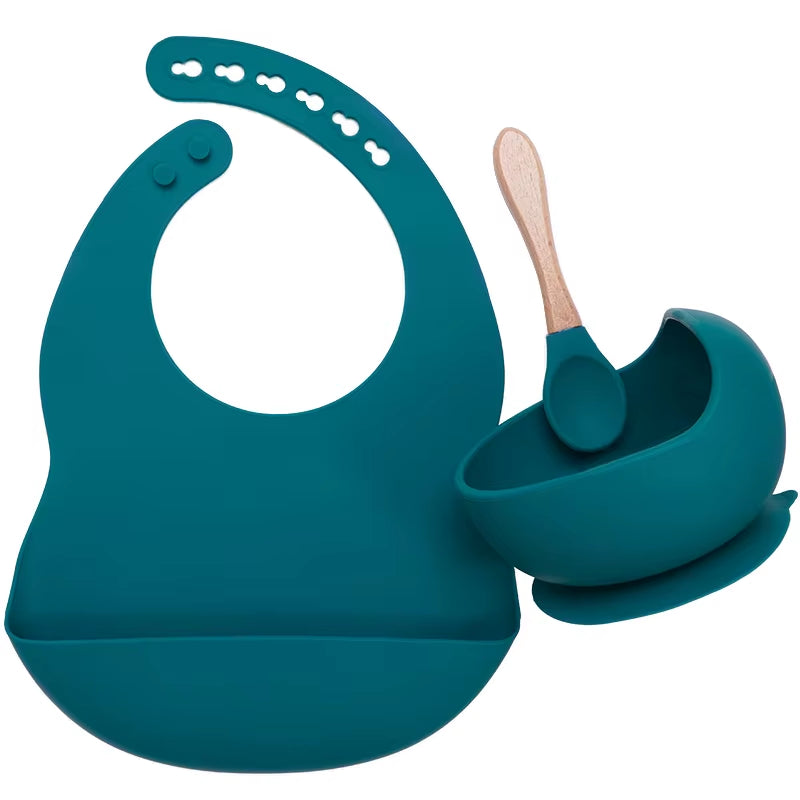 Kit Repas Anti-Renversement : Bol Ventouse Fixe et Bavoir Récupérateur en Silicone (Sans BPA)