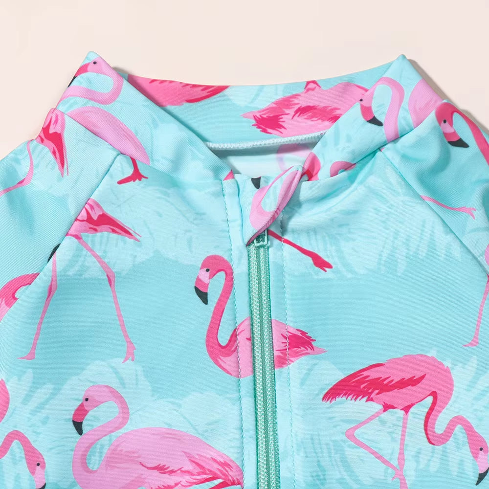 L'Été en Rose : Maillot Une Pièce Flamant Rose à Manches Longues (Fille)